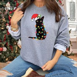 black cat christmas tree lights sweatshirt, christmas shirt, family sweater, cute xmas gift, winter holiday sweatshirt,
