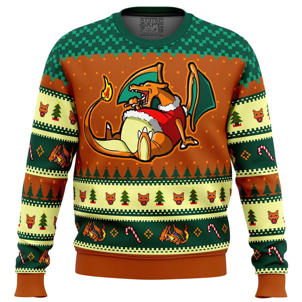Pokemon Eating Candy Cane Charizard All Over Print Hoodie 3D Zip Hoodie 3D Ugly Christmas Sweater 3D Fleece Hoodie