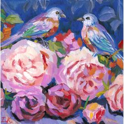 roses, peonies and birds. original gouache 8x8''