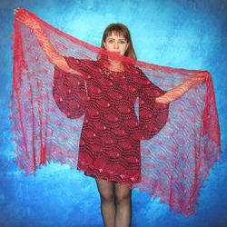 Red knitted women's scarf with embroidery, Warm Russian shawl, Orenburg wool wrap, Wedding stole, Bridal cape, Kerchief