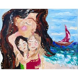 Beach Mother and Two Daughters Painting Original Artwork Beach Art Two Girls Wall Art Two Sisters Canvas Art Family Text