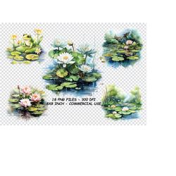 watercolor lily pond clipart, watercolor lily pond png files, transparent background png