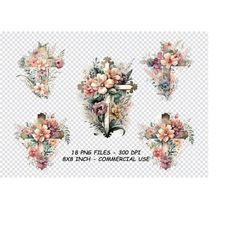 flower cross watercolor clipart, floral cross watercolor clipart, religious cross clipart png