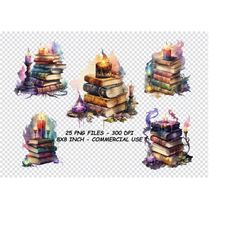 magic books watercolor clipart, books with candle watercolor png, magic stack of books clipart png