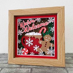 warm welcome 3d shadow box/ gingerbread and hot cocoa layered svg/ 3d christmas gift box/ for cricut/ for silhouette