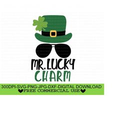 mr lucky charm svg, png, jpg, dxf, leprechaun hat svg, st patricks day svg, leprechaun hat with clover sunglasses svg, silhouette,cricut