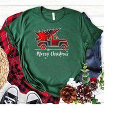 merry christmas truck, merry christmas buffalo truck tree red plaid family matching shirt, christmas tree,red truck shir