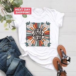 here comes the sun t shirt png for women, travel beach vacation shirt png, sunshine shirt png, beatles retro shirt png,