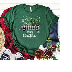 buffalo white plaid merry christmas truck tree shirt, merry christmas buffalo plaid shirt, buffalo plaid shirt, merry ch