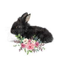 adorable black bunny with pink flowers sublimation png - rabbit clipart - digital download