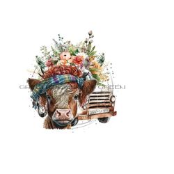 highland cow png for sublimation, wildflower digital downland, vintage truck png clipart, long haired cow png, farm clipart for sublimation.