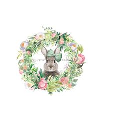 bunny rabbit png, easter clipart png, easter rabbit png, bunny sublimation, rabbit clipart, peach flower png,  pink floral wreath png.
