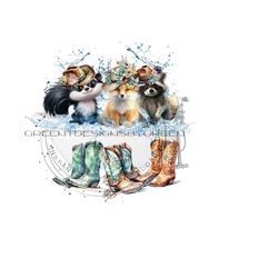 Bath Time Clipart - Western Raccoon, Fox, & Skunk in Bathtub - Water splashes, cowboy boots and hats - Sublimation PNG- Digital Download