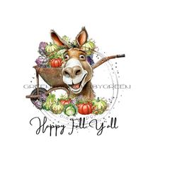 Happy Fall Y'all Sublimation PNG - Whimsical Southern Donkey & Wheelbarrow Clipart - Autumn Harvest, Pumpkins, Artichokes - Digital Download
