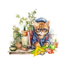cat back to school png -adorable kitten clipart-apple for the teacher png-school supply clipart image-png for sublimation-digital download