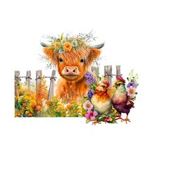 highland cow png for sublimation, chicken clipart for sublimation, wildflower digital downland, long haired calf png, farm clipart.