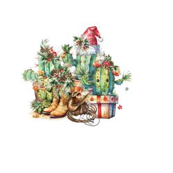 Whimsical Cactus Desert Background -Western Christmas Cactus Sublimation- Holiday Cowboy boots and hat Sublimation -PNG Digital Download