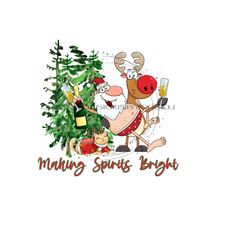 merry santa & reindeer clipart - celebrating the season with a drink sublimation png - 'making spirits bright' - digital download