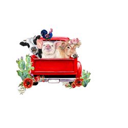 rustic farm animal sublimation png - red vintage truck with chicken, cow & pig - southwest waterslide - digital download