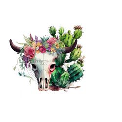 boho cow skull, cactus & flowers png - desert oasis clipart - sublimation png and printable jpg formats - instant digital download