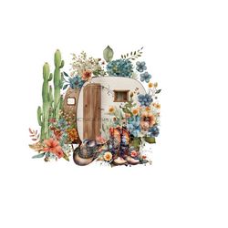boho southwestern camper png - cactus, wildflowers, cowboy hat, boots - sublimation design - digital download