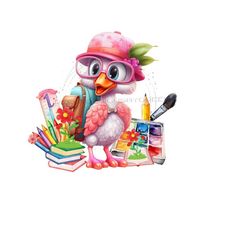 flamingo back to school png - adorable school paints & brush, books, pencils clipart image - png for sublimation - digital download