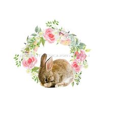 bunny rabbit png, easter clipart png, rabbit png, bunny sublimation, rabbit clipart, peach flower png,  green leaf wreath png.