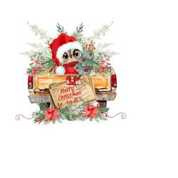 boho christmas owl - cute owl in santa hat & red boots - 'merry christmas to all' - vintage truck, floral display - digital download