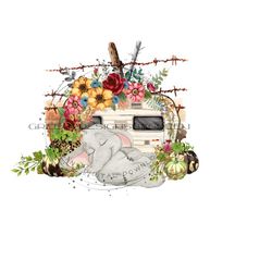 whimsical camper clipart - camping sublimation png - sleeping elephant, flowers, barbed wire fence, pumpkins - digital download