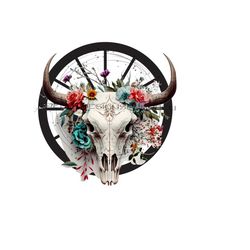 cow skull, flowers & wagon wheel western png, western cow face png, wildflower sublimation, cowboy png, skull clipart, cow skull png
