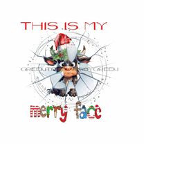 angry cow sublimation png - cow in santa hat with cracked ice covering his face- holiday clipart - 'this is my merry face' -digital download
