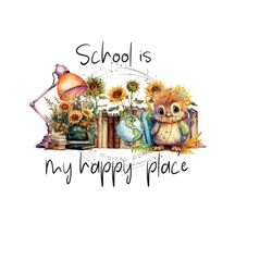 back to school png-adorable owl png student with school globe clipart-text 'school is my happy place'-png for sublimation - digital download