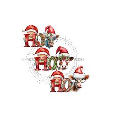 merry christmas 'ho ho ho' sublimation png - whimsical cow holiday design - santa hats holly, flowers - digital download
