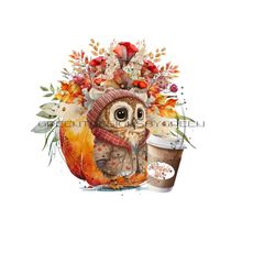 pumpkin spice owl png - autumn coffee design - pumpkin, flowers, cute owl, hot coffee - sublimation file - instant digital download