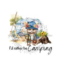 i'd rather be camping png - whimsical hedgehog clipart - vintage camper, fishing pole, hiking gear, flowers - digital download