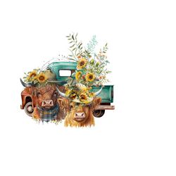 long haired cow png, highland cow png, calf clipart, vintage truck png, western clipart, sunflower sublimation.