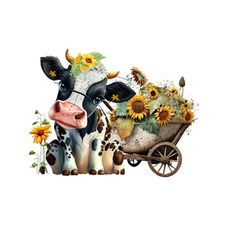 cow png, wheel barrow and sunflower sublimation, cow digital download, sunflower png sublimation, western clipart, calf png.