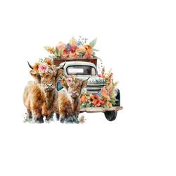 long haired cow png, highland cow png, mama cow & baby calf clipart, vintage truck png, western clipart, wildflower sublimation.