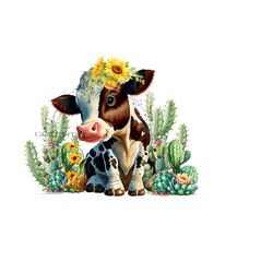 cow png, cow sublimation digital download, cactus and sunflower sublimation, western clipart, calf png clipart, sunflower sublimation