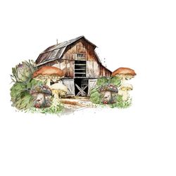western barn sublimation png with oversized vegetables, artichokes, mushrooms - whimsical clipart - rustic design - digital download
