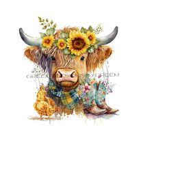 long haired cow png, highland cow png, cows & cowboy boot sublimation, vintage cowboy boot png, western clipart, sunflower sublimation