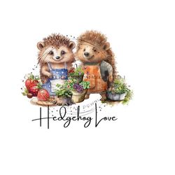 hedgehog sublimation png, hedgehogs in love, pots of herb clipart, hedgehog with wild strawberries png. digital download