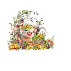 boho autumn pig & pumpkins png - piglet, orange and leopard print pumpkins, wildflowers, teacup, mushrooms - digital download