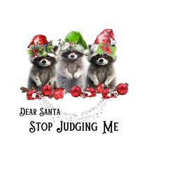funny & cute christmas clipart - 'dear santa stop judging me' - raccoon and broken ornaments sublimation png - digital download
