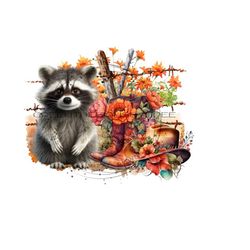 raccoon & rustic fall western ranch sublimation png - cowboy hat, boots, barbed wire fence, fall flowers, autumn leaves - digital download