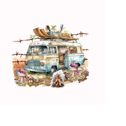 boho vintage campervan sublimation png - rustic barbed wire fence, campfire, whimsical mushrooms - digital download