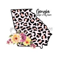 georgia state map leopard print sublimation png - 'georgia, keeper of my heart' - floral accents - instant digital download