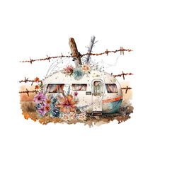 vintage camper & rustic barbed wire fence sublimation png - wildflowers, field grass - western farm - digital download