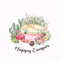 boho southwest camping clipart - vintage camper, pink flamingo, cactus, wildflowers - 'happy camper' - sublimation png - digital download
