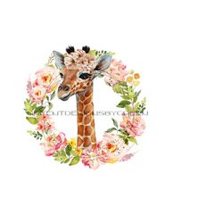 Giraffe PNG digital download, floral PNG file, floral wreath sublimation, clear waterslide, giraffe clipart, PNG file, giraffe sublimation.